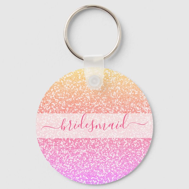 Glitter Pink Coral Rose Gold Bridesmaid Key Ring (Front)