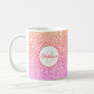 Glitter Pink Coral Rose Gold Round Monogram Coffee Mug