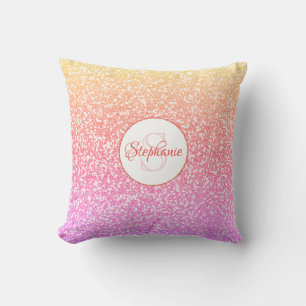 Glitter Pink Coral Rose Gold Round Monogram Cushion