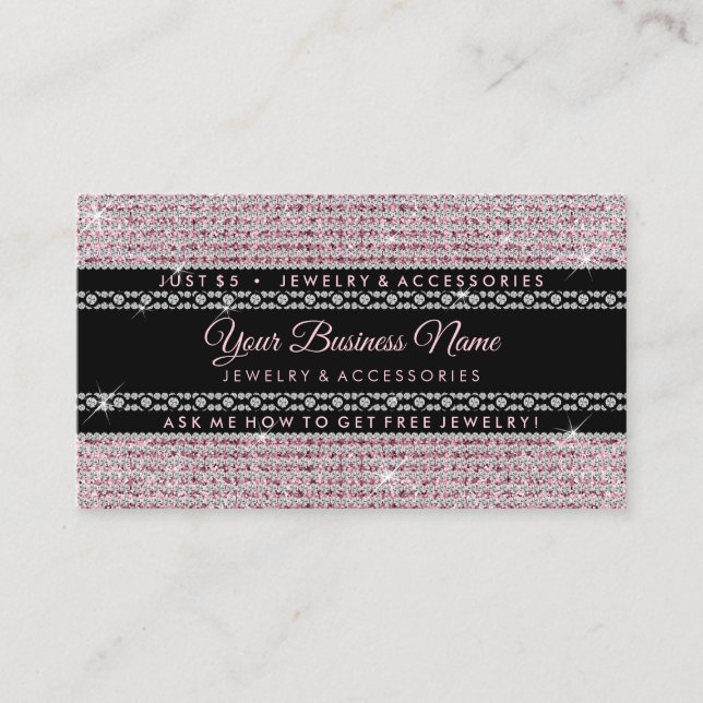 Glitter Pink Diamonds Signature Girly Jewellery Business Card (Front)