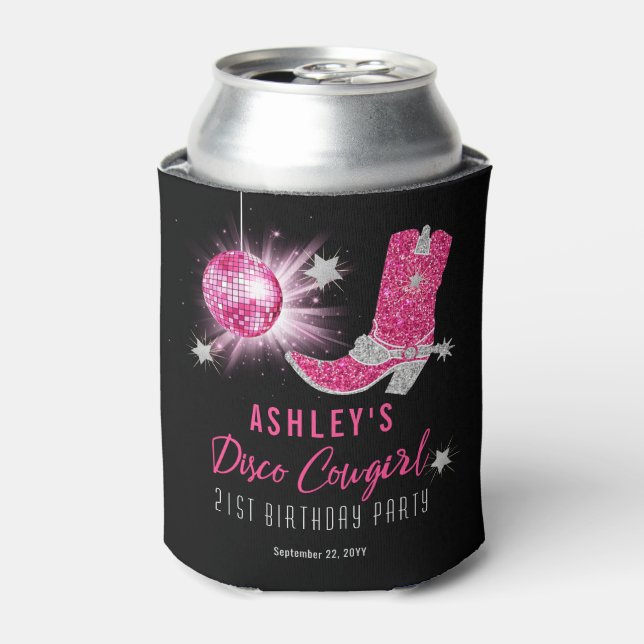 Glitter Pink Disco Cowgirl 21st Birthday Party Can Cooler (Can Front)
