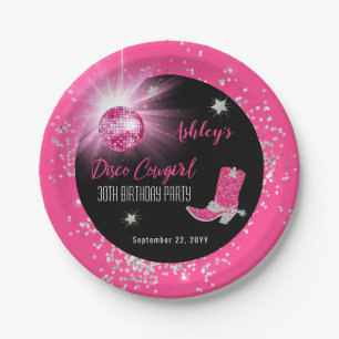 Glitter Pink Disco Cowgirl 30th Birthday Party Paper Plate