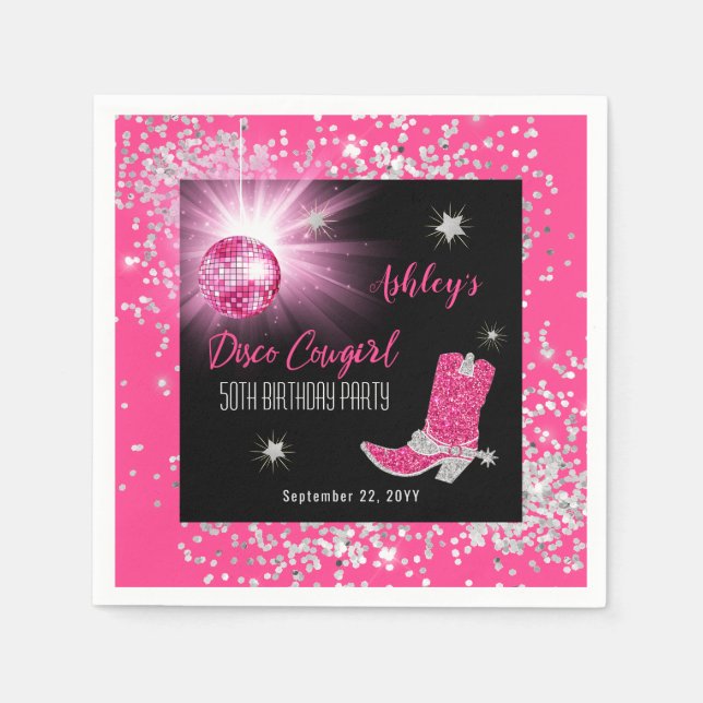 Glitter Pink Disco Cowgirl 50th Birthday Party Napkin (Front)