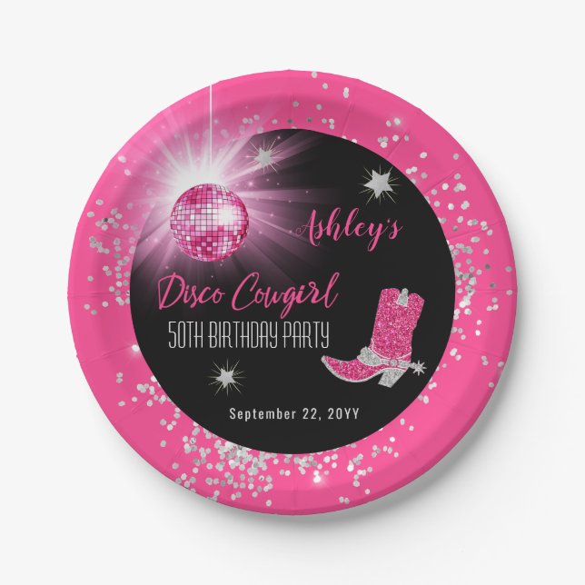 Glitter Pink Disco Cowgirl 50th Birthday Party Paper Plate (Front)