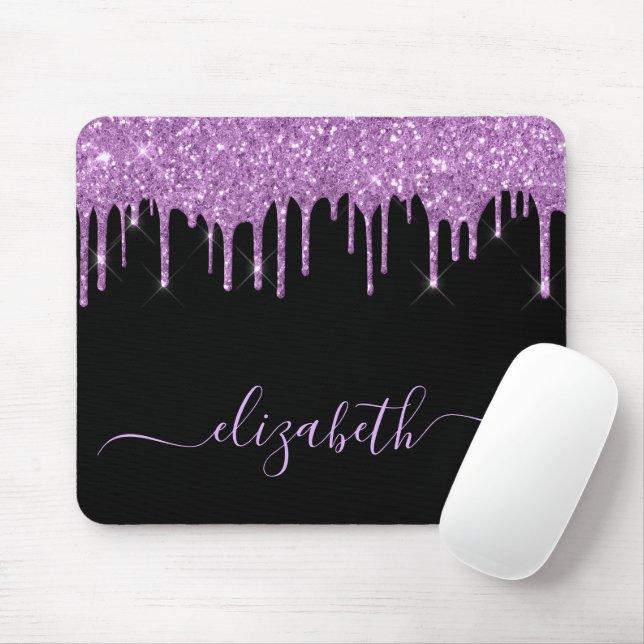 Glitter Pink Drips Black Mouse Mat (With Mouse)
