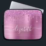 Glitter Pink Drips Monogrammed Laptop Sleeve<br><div class="desc">Monogrammed chic and girly laptop sleeve featuring pink faux glitter drips and a pink brushed background. Personalise with your name in a stylish trendy white script with swashes.</div>