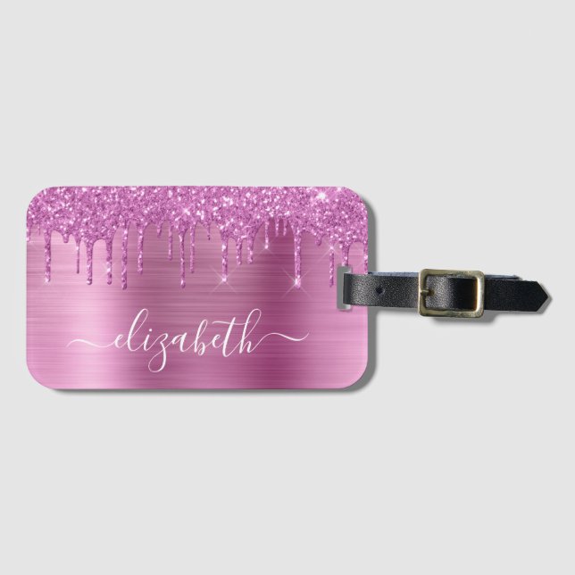 Glitter Pink Drips Monogrammed Luggage Tag (Front Horizontal)