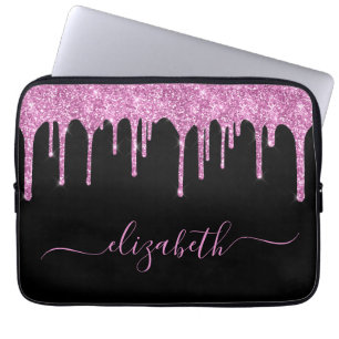 Glitter Pink Drips Personalised Black Laptop Sleeve
