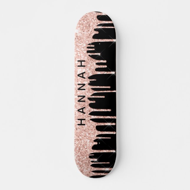 Glitter Pink Drips Personalised Black Skateboard (Front)