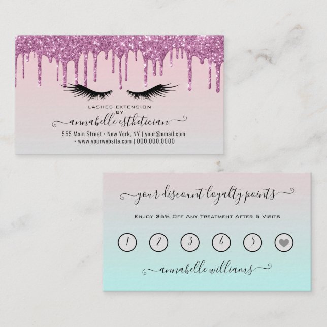 Glitter Pink Eyelash Extension Loyalty  Business Card (Front/Back)