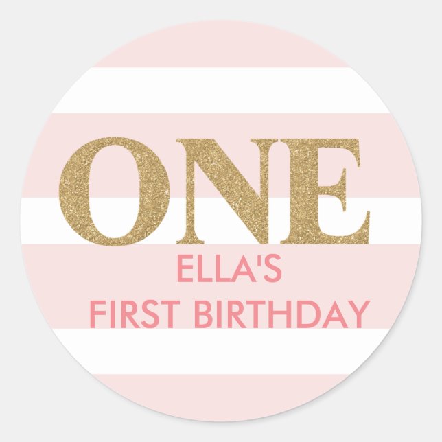 Glitter pink first birthday stickers (Front)