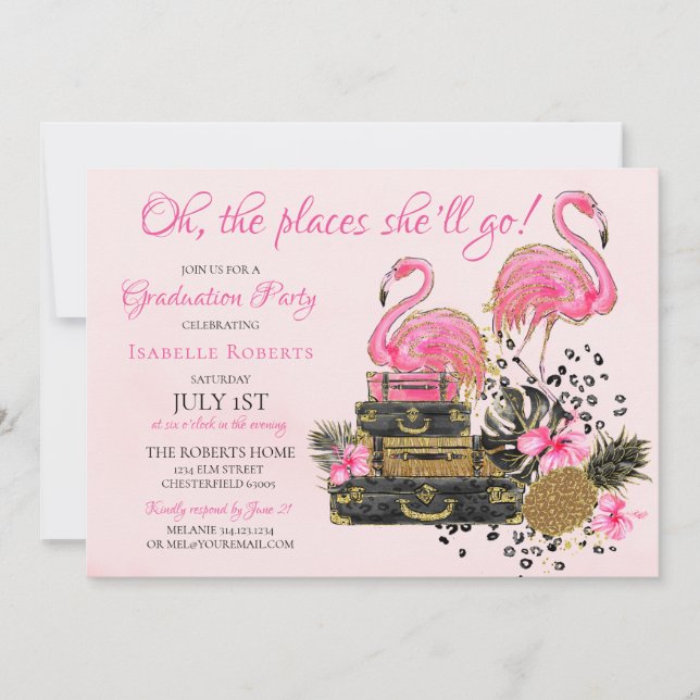 Glitter Pink Flamingo Cheetah Graduation Party Invitation (Front)