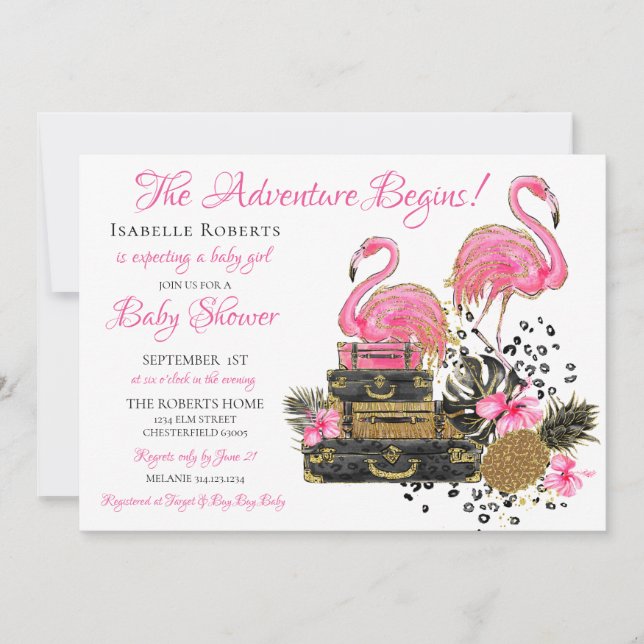 Glitter Pink Flamingo Leopard Print Baby Shower Invitation (Front)
