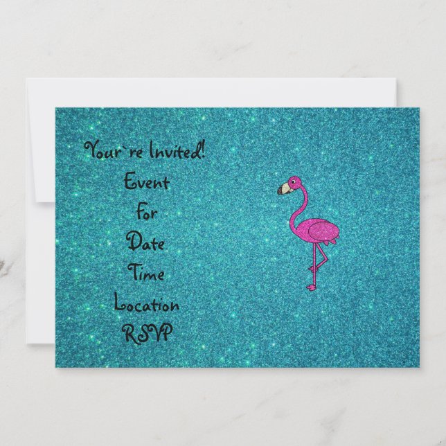 Glitter pink flamingo turquoise glitter invitation (Front)