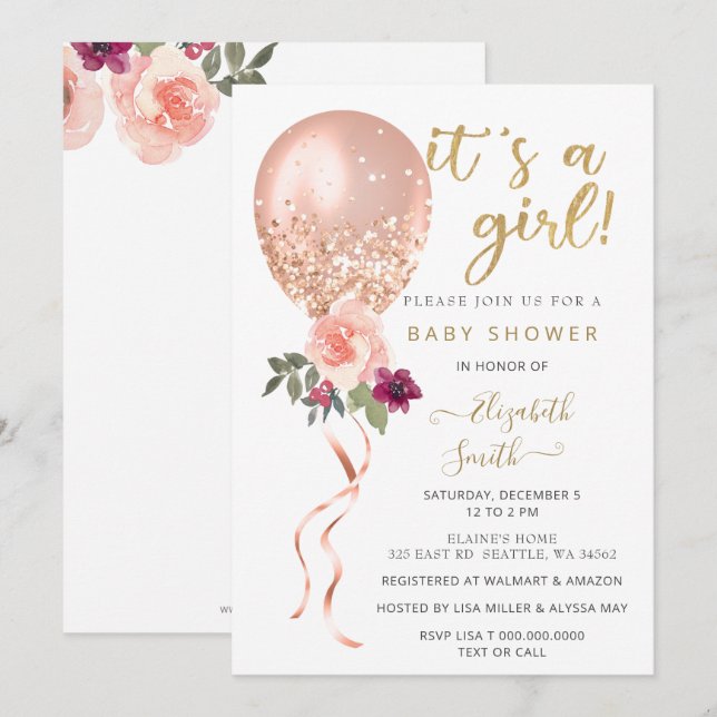Glitter Pink Floral Balloon Girl Baby Shower Invitation (Front/Back)
