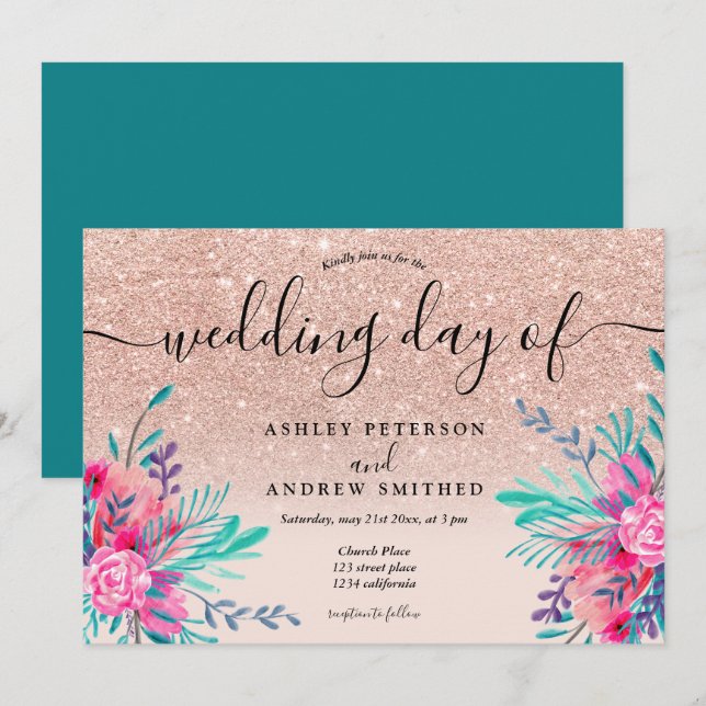 Glitter pink floral greenery watercolor wedding invitation (Front/Back)