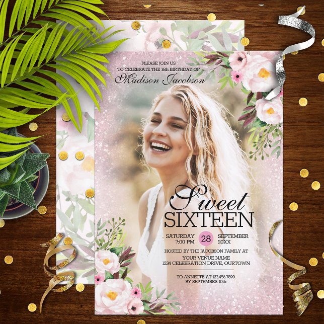 Glitter Pink Floral Photo Template Sweet 16 Party (Creator Uploaded)