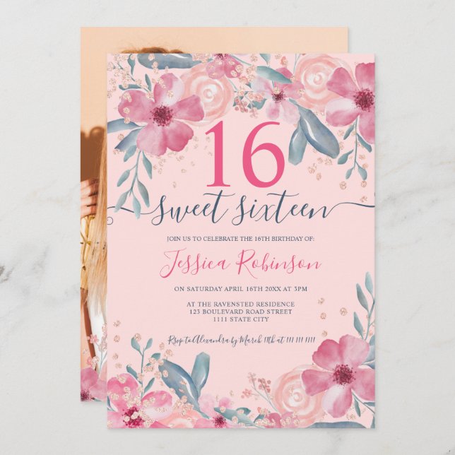 Glitter Pink floral watercolor script Sweet 16 Invitation (Front/Back)