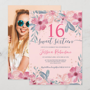 Glitter Pink floral watercolor script Sweet 16 Invitation