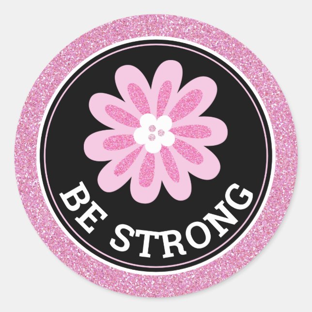 Glitter Pink Flower Breast Cancer Awareness Design Classic Round Sticker (Front)