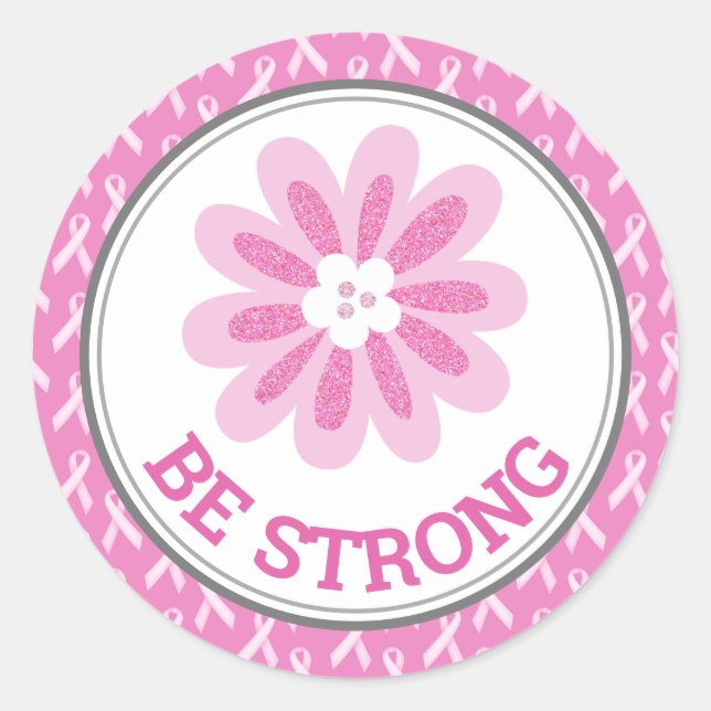 Glitter Pink Flower Breast Cancer Awareness Design Classic Round Sticker (Front)
