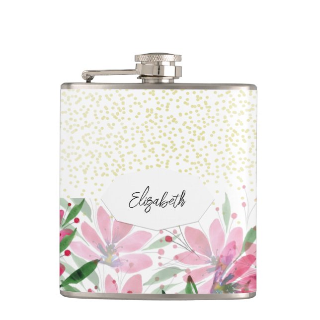Glitter Pink Flowers Bloom Watercolor Hip Flask (Front)