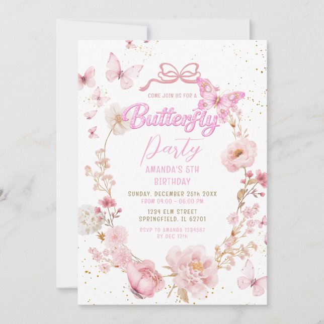 Glitter Pink Garden Watercolor Butterfly Birthday Invitation (Front)