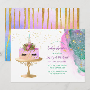 Glitter Pink Gold Unicorn Cake BABY SHOWER Girl Invitation