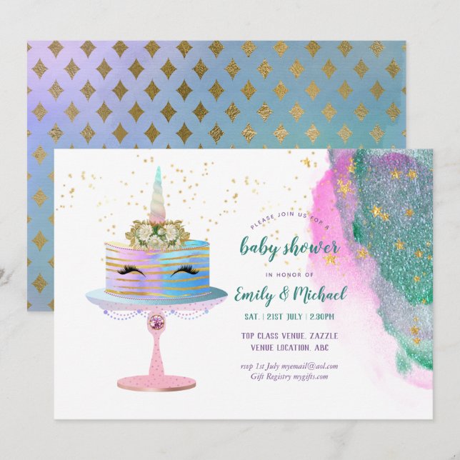 Glitter Pink Gold Unicorn Cake BABY SHOWER Girl Invitation (Front/Back)