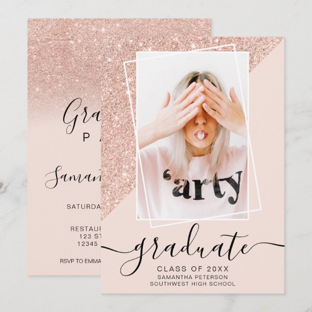 Glitter pink graduate photo block graduation invitation (Front/Back)