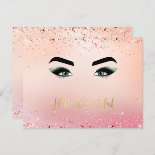 Glitter Pink Green Eyes Eye Lashes Hello Postcard