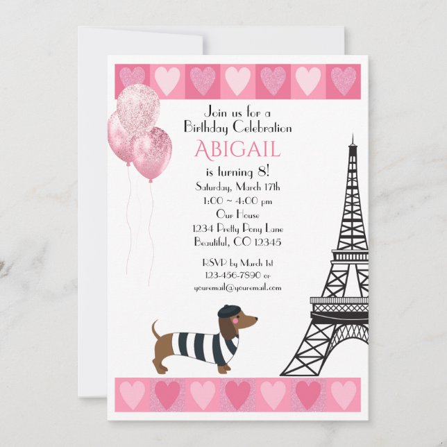 Glitter Pink Hearts Eiffel Tower Dog Invitation (Front)