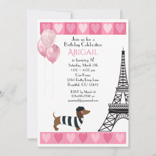 Glitter Pink Hearts Eiffel Tower Dog Invitation