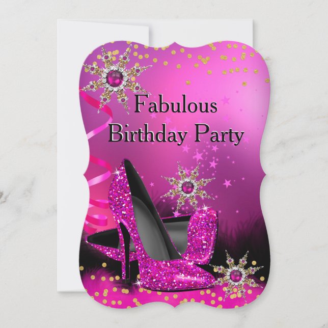 Glitter Pink Heels Birthday Party Gold Black Pearl Invitation (Front)