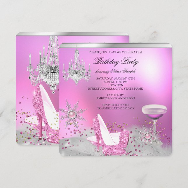 Glitter Pink High Heel Shoes Champagne Party 2 Invitation (Front/Back)