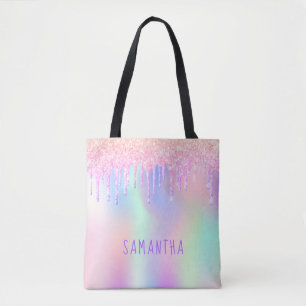 Glitter pink iridescent rainbow rose gold monogram tote bag