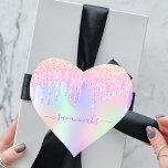 Glitter pink iridescent rose gold rainbow birthday heart sticker<br><div class="desc">A trendy iridescent background with unicorn and rainbow pastel colors in pink, purple, rose gold, mint green. Decorated with faux glitter drips in rose gold, pink and purple. Purple colored letters. Personalize and add your name written with a mothern hand lettered style script. Perfect for a birthday party, bridal shower...</div>