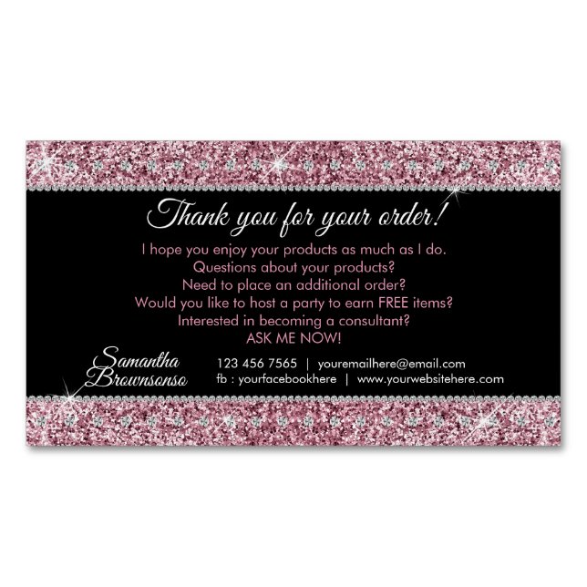 Glitter Pink Jewellery Diamond Bling Thank you Magnetic Business Card (Front)