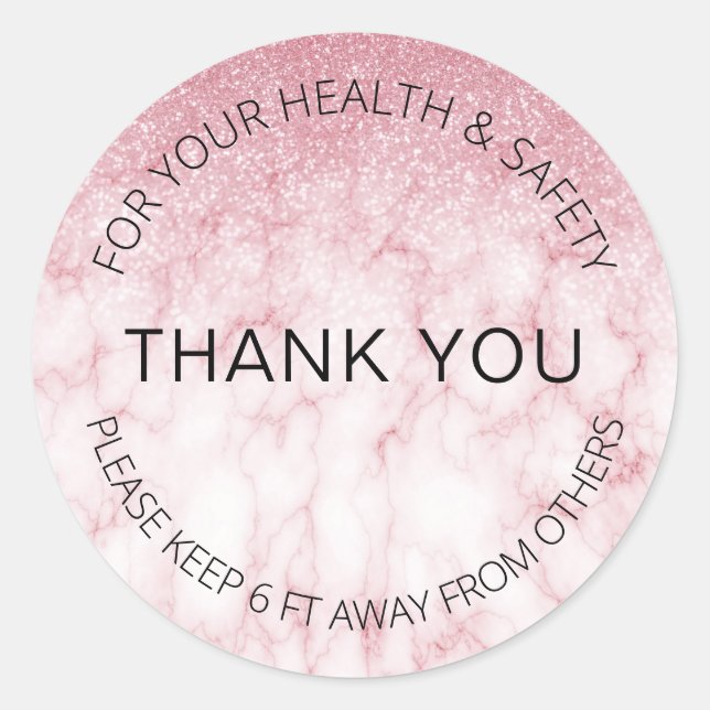 Glitter Pink Marble Social Distancing Salon Classic Round Sticker (Front)