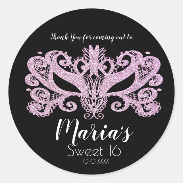 Glitter Pink Masquerade Mask Party Favour Classic Round Sticker (Front)