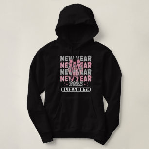 Glitter Pink New Year 2025 Customised Black Hoodie