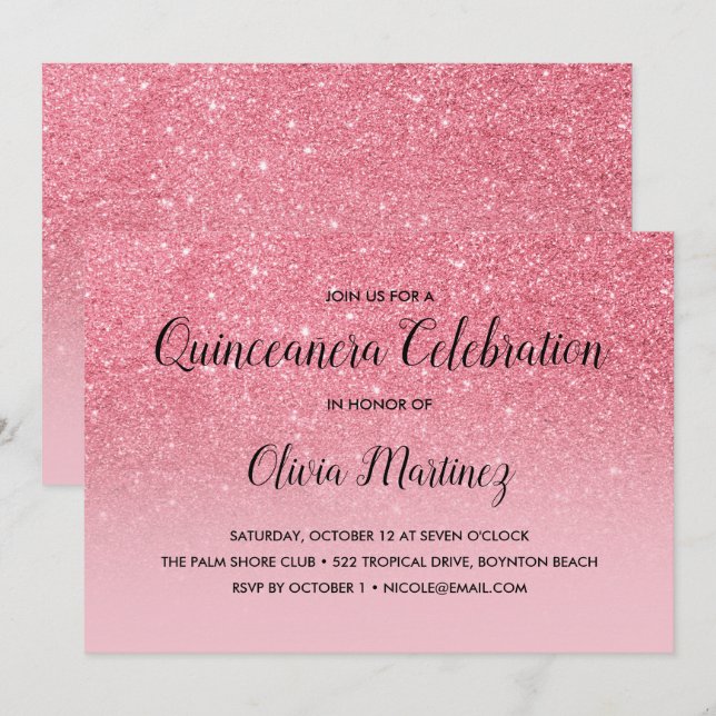Glitter Pink Ombre Quinceañera Invitation (Front/Back)