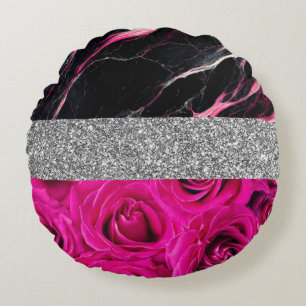 Glitter Pink Ombre Roses Glitter Chic Round Cushion