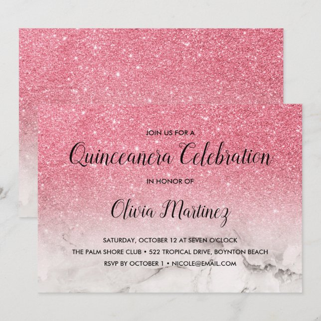 Glitter Pink Ombre white marble Quinceañera Invitation (Front/Back)