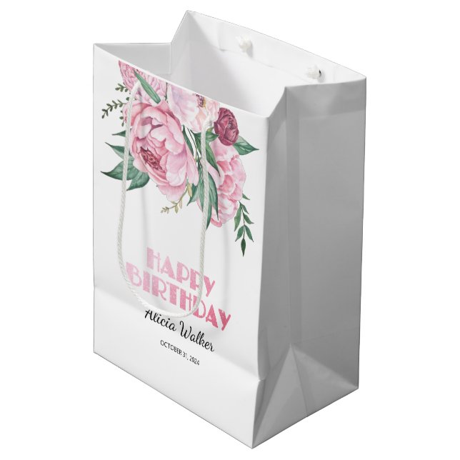 Glitter Pink Peony Floral Greenery Birthday  Medium Gift Bag (Front Angled)