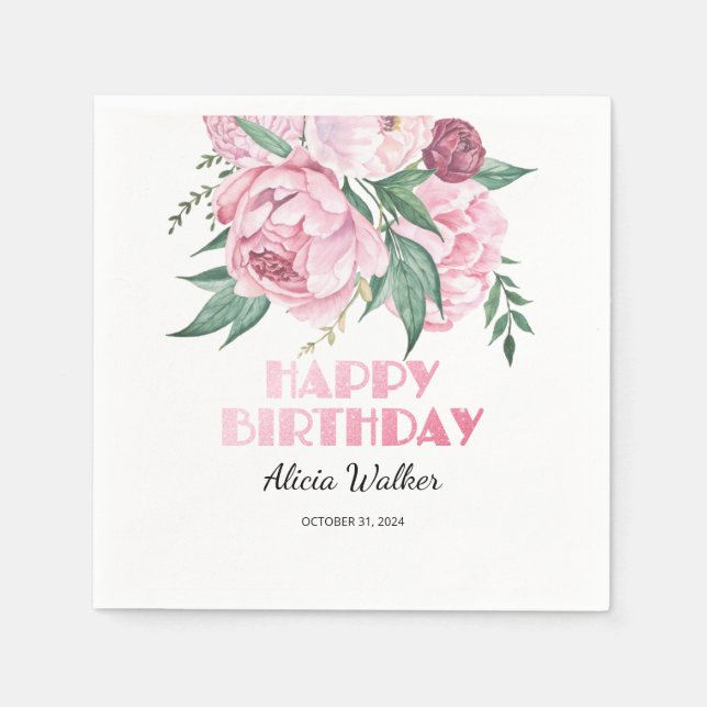 Glitter Pink Peony Floral Greenery Birthday  Napkin (Front)