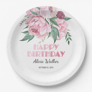 Glitter Pink Peony Floral Greenery Birthday Paper Plate
