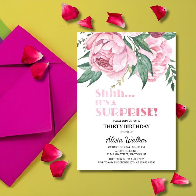Glitter Pink Peony Floral Surprise Birthday  Invitation (Creator Uploaded)