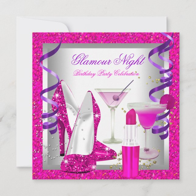 Glitter Pink Purple Glamour Night Martini Party Invitation (Front)
