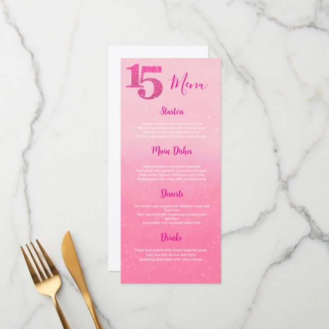 Glitter Pink Quinceñera Table Menu (Front/Back In Situ)